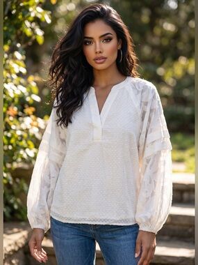 🌟W034. Stylish Elegant Ivory Peasant Blouse